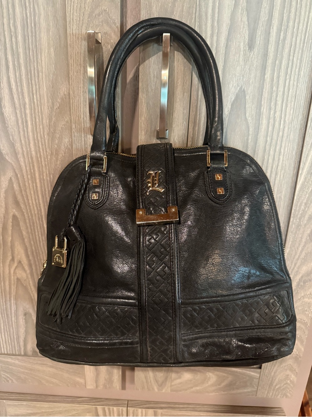 Gwen Stefani L.A.M.B. Black Leather Satchel Handbag with Tassel Accent